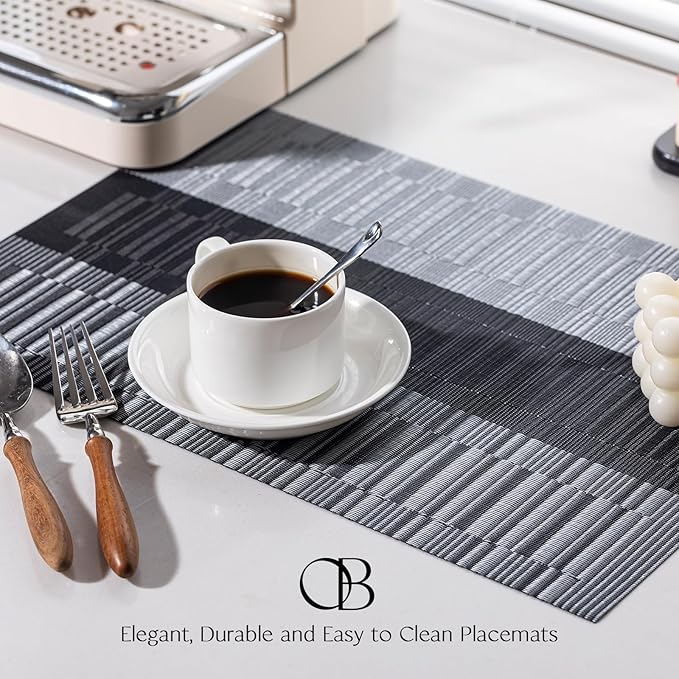 Placemats Set of 8 - Easy Clean Woven Vinyl Placemats for Dining Table, Indoor/Outdoor Place Mats, Washable PVC Table Mats （Silver Gray Black）