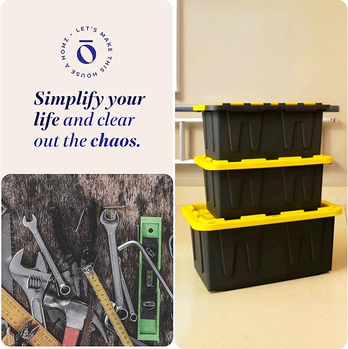 HOMZ 4-Pack Durabilt Tote, Heavy Duty Plastic Storage Bins with Lids, 27 Gallon, Black/Yellow - Stackable Organizing Containers for Home, Garage, and Office