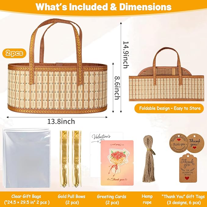 Leevcok 2 Set Baskets for Gifts Empty, Large Bamboo Gift Basket with Handle, Foldable Reusable Decorative Woven Basket for Christmas, Baby Shower, Mother's Day, Housewarming, Wedding