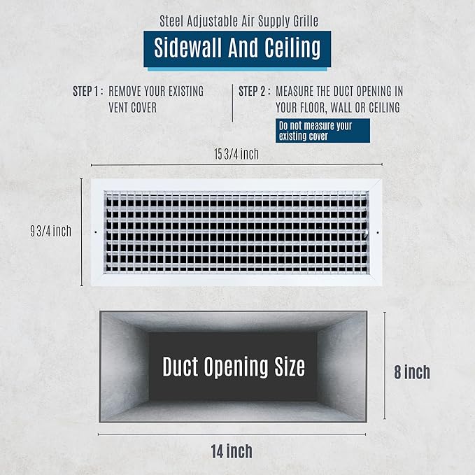 [2 Pack] Fits 14x8 Duct Opening Steel Adjustable Air Supply Grille by Handua | Register Vent Cover Grill for Sidewall and Ceiling | White | Outer Size: 15.75" X 9.75"