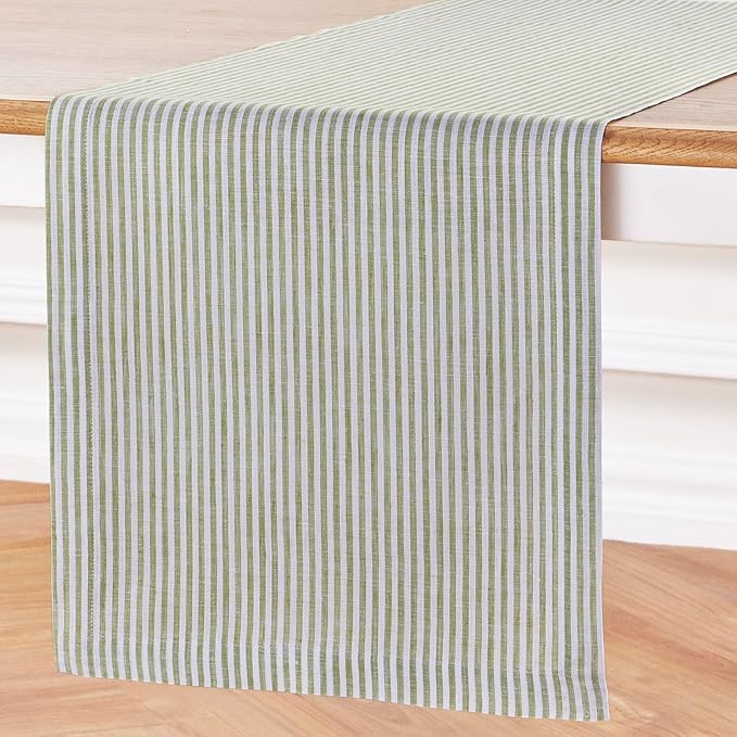 Solino Home Linen Table Runner 90 Inches Long - Narrow Stripe, 100% Pure Linen Avocado and White Farmhouse Table Runner 14 x 90 Inch for Dining, Winter, Spring, St Patricks Day, Easter
