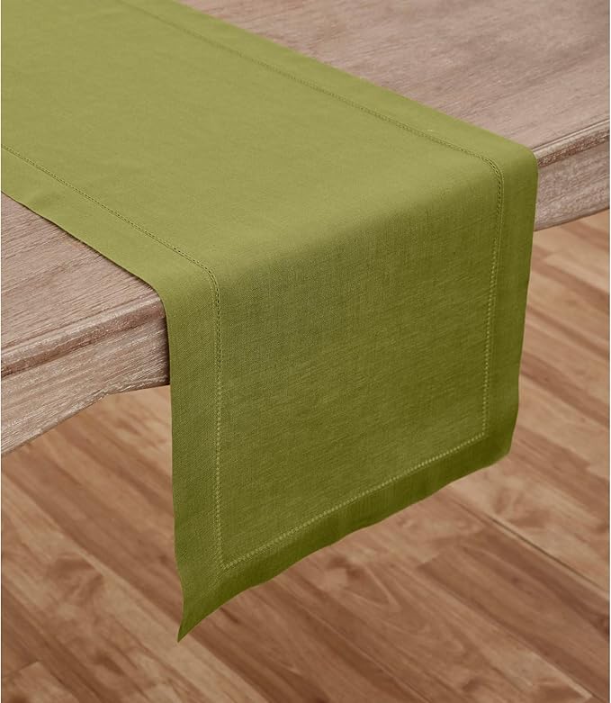 Solino Home Linen Avocado Green Table Runner 90 Inches Long - 100% Pure Linen Hemstitch 14 x 90 Inch Table Runner for Dining, Spring, Easter, St Patricks Day - Classic Hemstitch