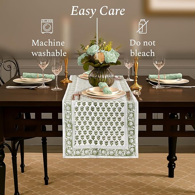 CPC Cotton Table Runner 16x106 inch Block Printed Long Fall Table Runner for Dining Table, Card Table, Coffee Table, Wedding, Farmhouse & Outdoor Barbeque-Emerald Green