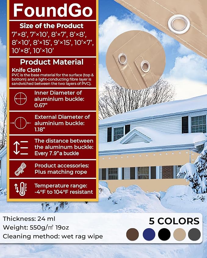 FoundGo 8'H x 15'W Vinyl Curtains for Patio 19oz, Outdoor Clear Vinyl Patio Enclosure,Heavy Duty Clear Tarp Waterproof PVC Tarps with Grommets for Pergola, Balcony,Porch,Gazebos，-4℉ Cold Resistant