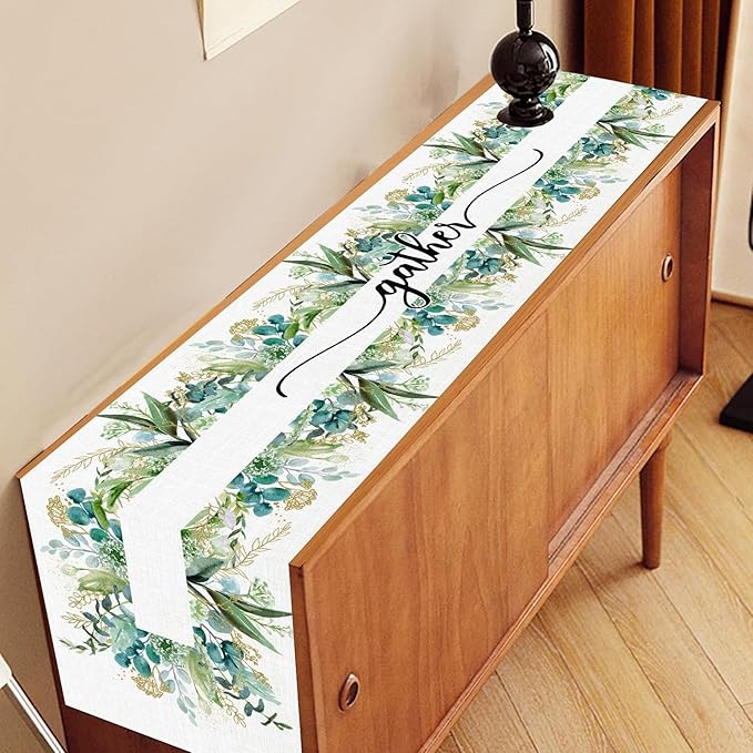 Farmhouse Table Runner, Green Gold Eucalyptus Spring Seasonal Plants Rustic Country Cafe Coffee Table Center Decor for Home Kitchen Dining Patio Indoor Outdoor Table Decorations, 13"x108" Inch