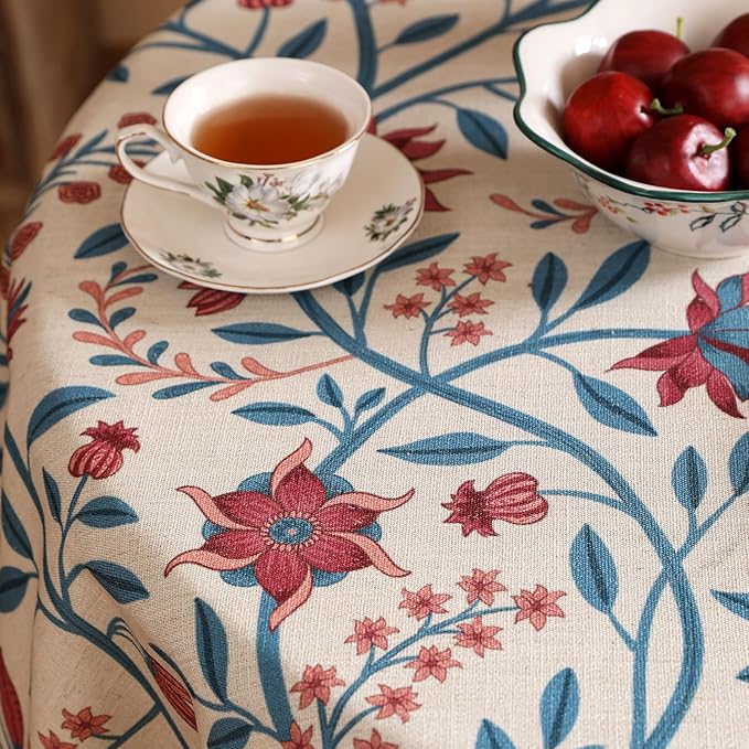 Designer Floral Linen Round Tablecloth,Vintage William Morris Wrinkle Resistant Table Cloth,Decorative Table Cover for Kitchen,Dining,Thanksgiving,Christmas,Diameter 67"-Dorodango B