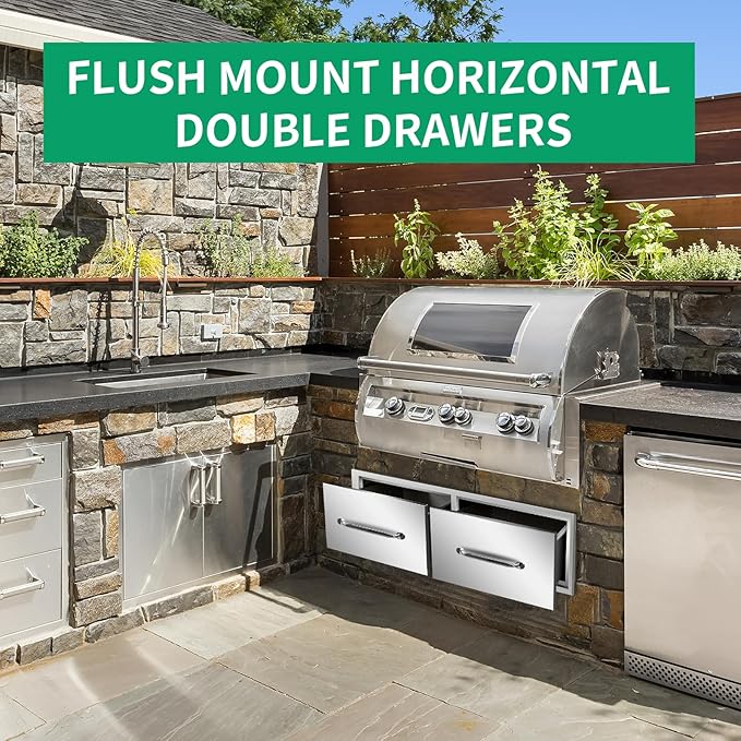 Outdoor Kitchen Drawers 30" W x 10" H x 20" D Stainless Steel Single Drawers with Ergonomic Handle for BBQ Island, Patio Grill Station & Outdoor Kitchen Cabinets