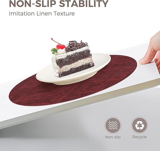 13"Round Placemats Set of 6, Reversible Faux Leather Heat Resistant Table Mats, 100% Waterproof Oilproof Wipeable Table Protective Placemats for Vinyl, Washable for Indoor & Outdoor Use (6, burgundy)