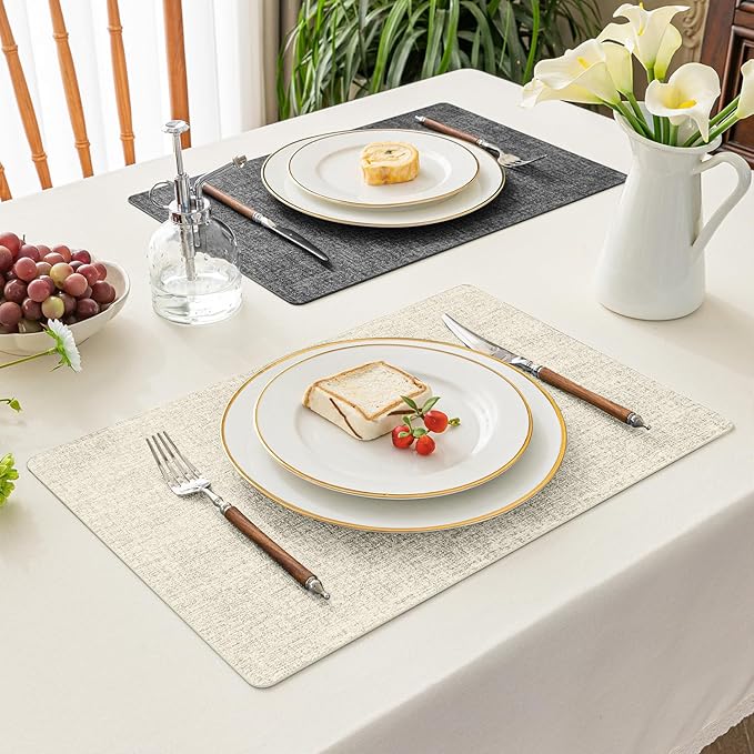 Romanstile Reversible Vinyl Placemats Set of 4, Faux Leather 100% Waterproof Oil-Proof Wipeable Place Mats, Heat Resistant Dual Sided Table Mats for Kitchen/Dining/Party (Grey Beige, 12 x 17 Inch)