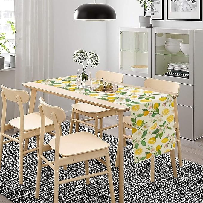 Yellow Lemon Table Runner,Spring Floral Summer Fruits Print Table Decoration for Farmhouse Kitchen Dinner Dining Table Holiday Party Home Decor 13x90in