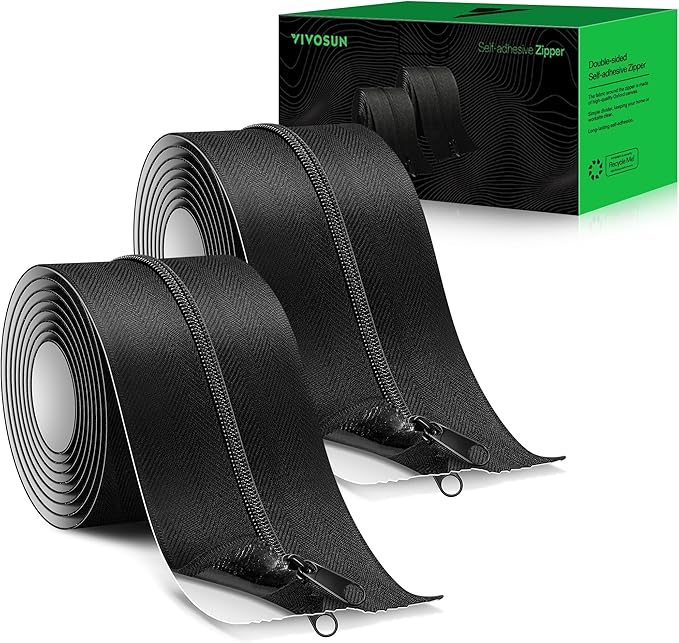 VIVOSUN 2-Pack Self Adhesive Zipper Door for Debris Barriers, 3In. x 7Ft. Peel & Stick, Heavy-Duty & Double-Sided Zipper for Tarp, Greenhouse, Indoor Outdoor Tent, Black