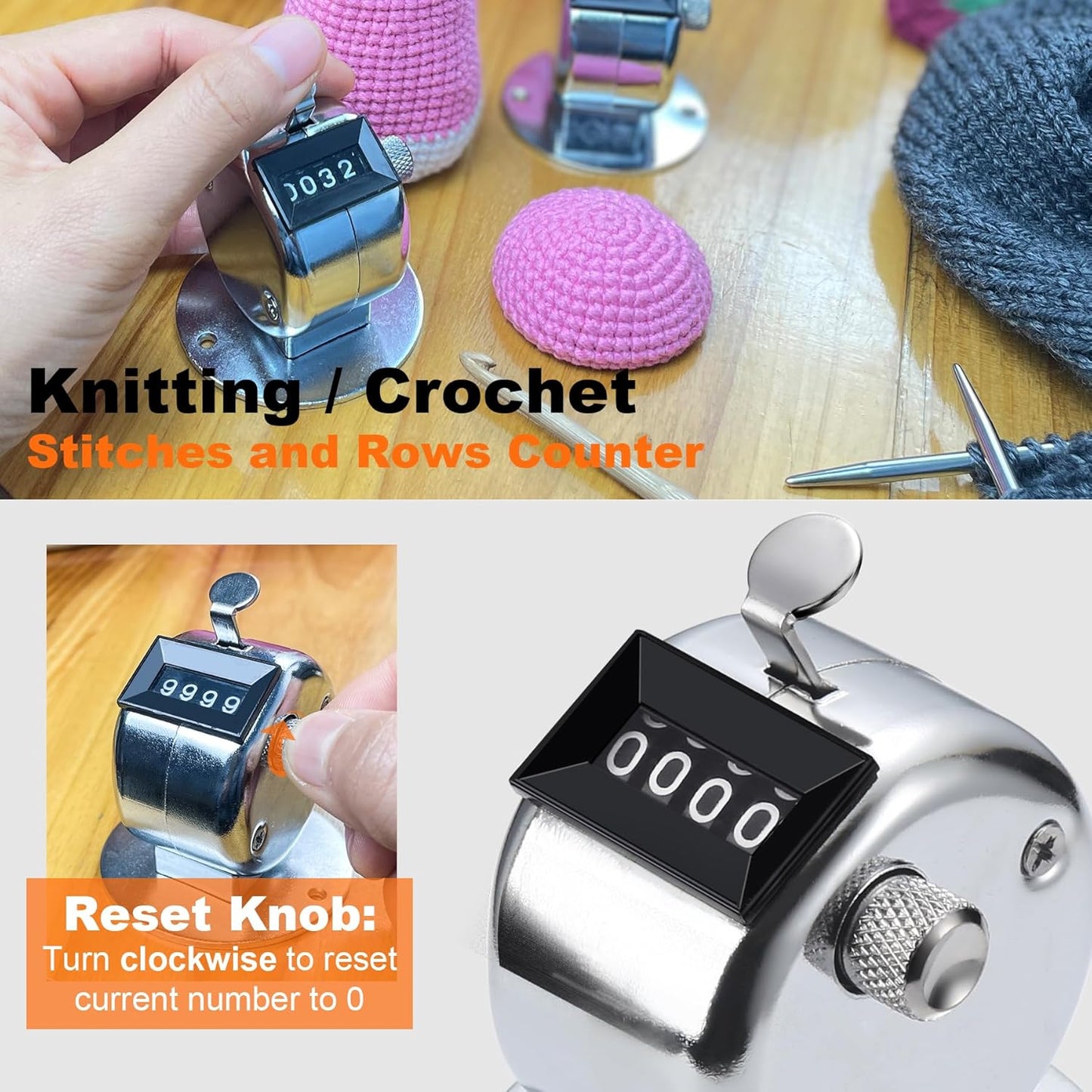 YOJOB Stitch Counters for Knitting and Crocheting, Metal Knitting Row Counter, Hand Tally Clicker Counter (1 Pack)