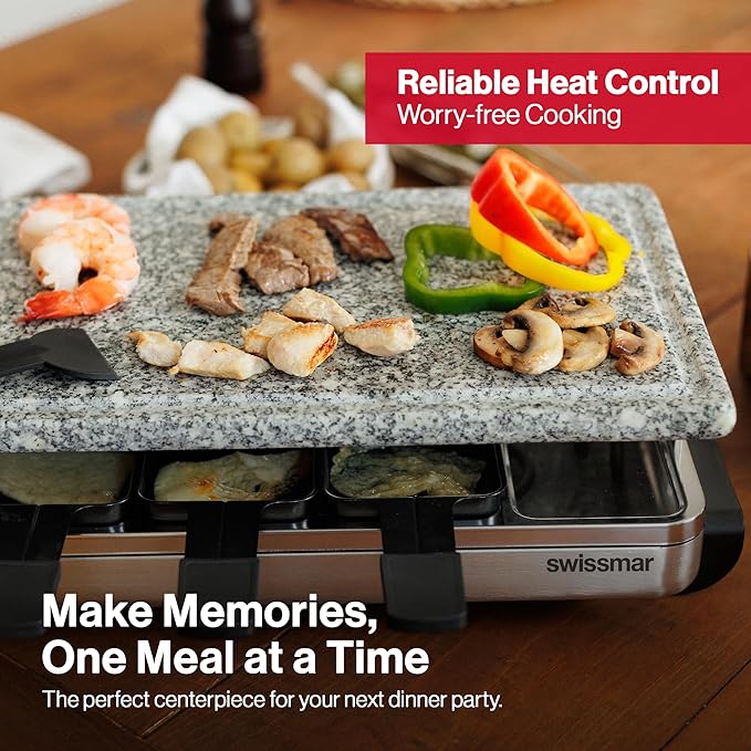 Swissmar Stelvio Raclette Party Grill with Granite Stone Non-Stick Grill Plate/Crepe Top, Outdoor & Indoor Electric BBQ Grill, Samgyupsal Griller - Brushed Stainless Steel - 8-Person - Silver