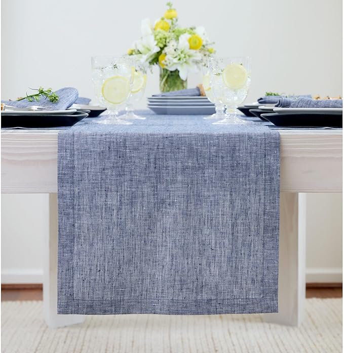 Solino Home Linen Table Runner 72 Inches Long - Athena, 100% Pure Linen Chambray Indigo Table Runner 14 x 72 Inch for Dining, Winter, Spring, Easter