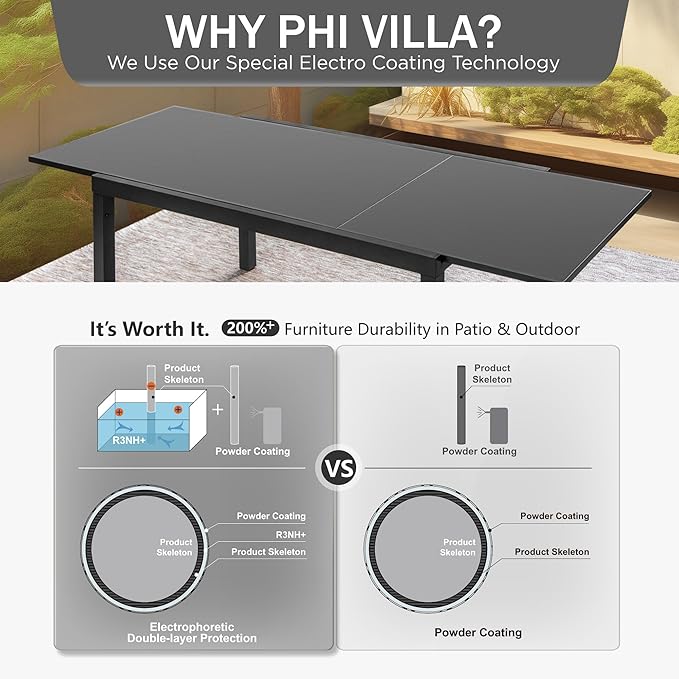 PHI VILLA Extra Large Expandable Patio Dining Table 99.2" × 35.5" Metal Outdoor Table for 6-10 Person, Metal Outdoor Dining Table with E-Coating for Garden Deck Yard- (Black)