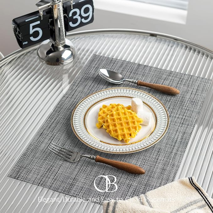 Placemats Set of 8 - Easy Clean Woven Vinyl Placemats for Dining Table, Indoor/Outdoor Place Mats, Washable PVC Table Mats（Dark Gray）