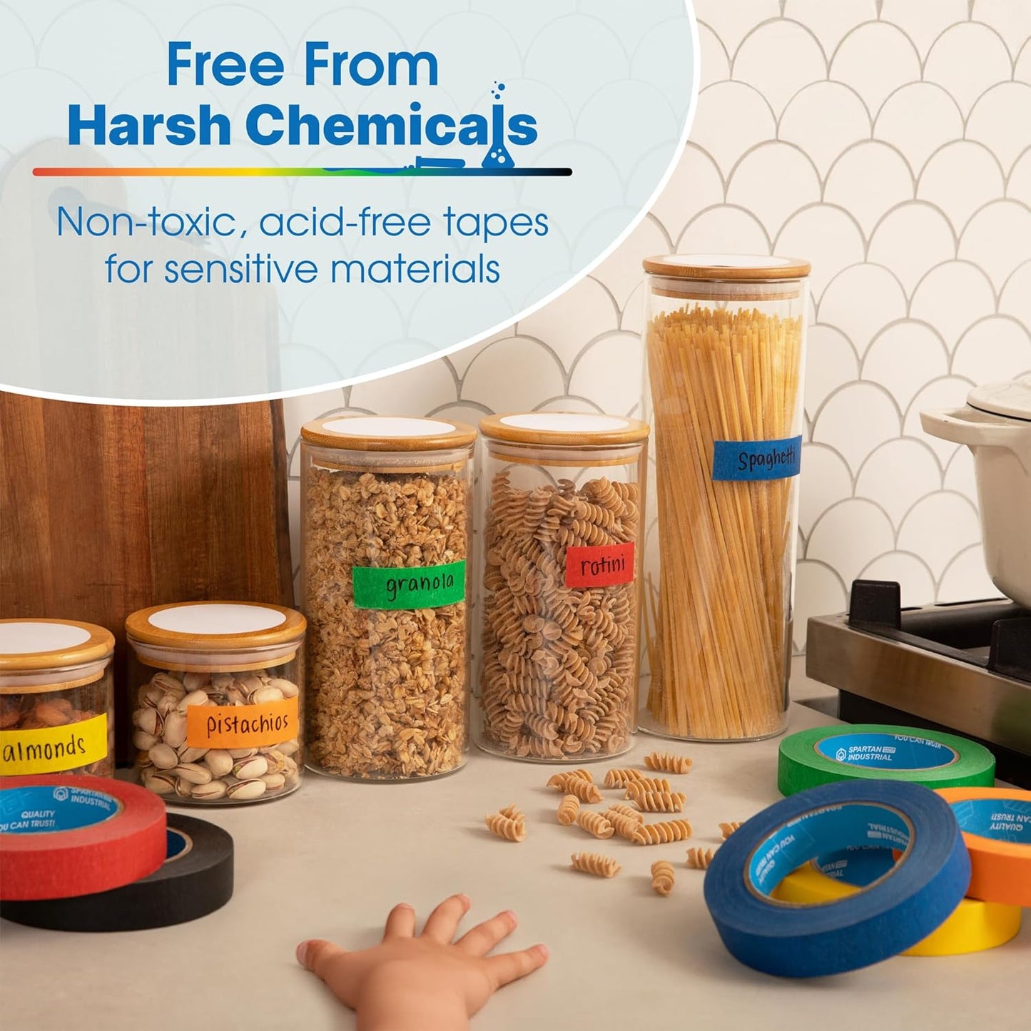 Spartan Industrial - 1" X 60 yd Blue Masking Tape - 3 Color Tape Rolls for Arts and Crafts, Painting, and More - No Residue, 5.5 Mil