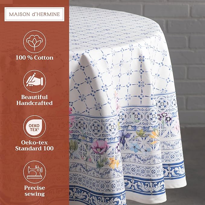 Maison d' Hermine Table Cloth Round Table 100% Cotton 69 Inches Tablecloth Reusable Decorative Everyday Use for Dining Room, Farmhouse, Home, Party, Festive & Wedding Spring Summer - Faience
