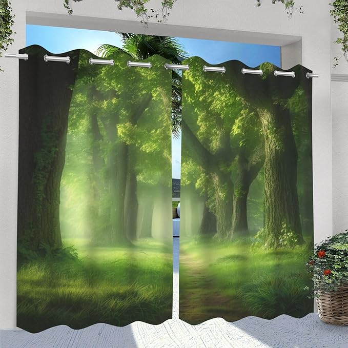 Forest Theme Waterproof Indoor/Outdoor Curtains,Dawn Trees Jungle Pattern,Light Filtering Curtains Outside Curtains for Porch, Gazebo, Pergola, Backyard,2 Panel,42 x 63 inch,Green