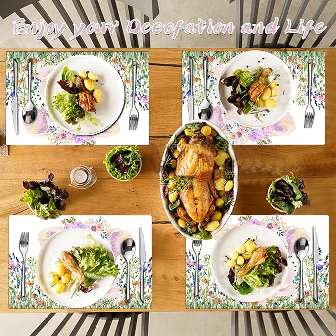 Flower Pig Placemats Set of 4 - Faux Leather Heat Resistant Placemats for Dinner Table, Non-Slip Waterproof Oil-Proof Washable Reusable Placemat for Indoor Outdoor Kitchen Decor, 15.75In*11.81In