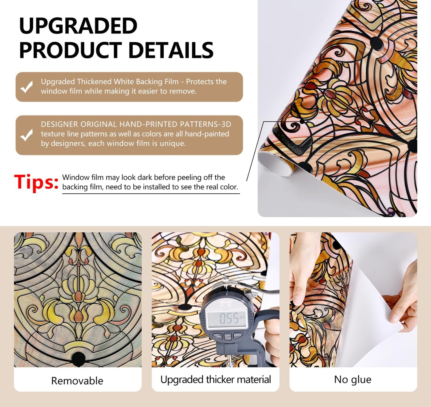 3D Stained Glass Window Film, Decorative Window Privacy Film for Bathroom,Front Door,Home, Sun Blocking Heat Control,Static Cling, Golden Ironwork 23.6inch x 70.8inch