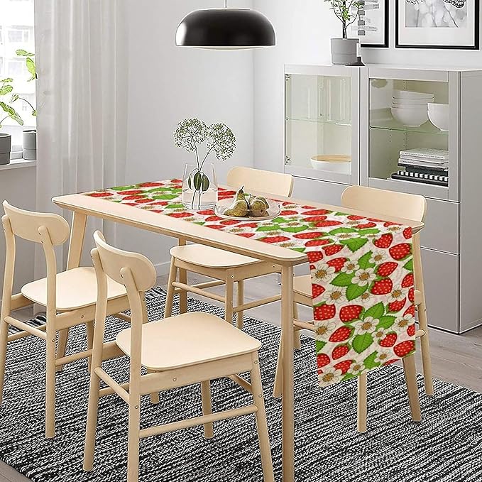 Spring Strawberry Table Runner, Floral Strawberries Flowers Leaf Season Inspirational Design Table Runner for Kitchen Dining Party Holiday Home 13x120in