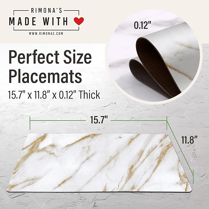 RIMONA'S Heat Resistant Marble Placemats Set of 4 - Waterproof, Heat Proof Table Protector, Non-Slip, Ideal for Gifting, Mother-in-Law Gift, White Marble Hard Placemats