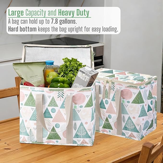 VENO 2 Pack Cooler Bag, Insulated Grocery Bags for Food Delivery, Collapsible Cooler, Reusable Shopping Bags for Groceries, Hard Bottom, Zippered, Foldable, Christmas Pattern (Pastel Forest, 2 Pack)