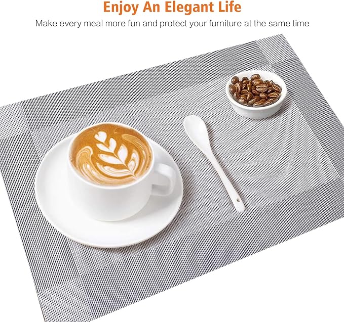Placemats Set of 8,Washable,Heat and Stain Resistant Indoor/Outdoor Place mats,Vinyl Woven Non Slip Table Mats for Restaurant Table Protection,PVC Placemats(Silver, 8PCS)