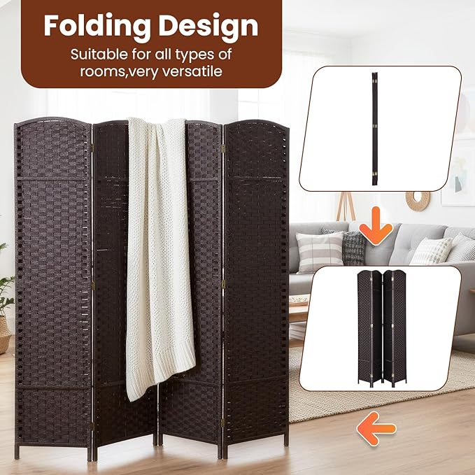 FDW Room Divider 4 Panel Screen 5.6 Ft Tall Partition Privacy Screens Folding Room Separation Free Standing Waterproof Wood Frame Wall Divider, Dark Brown