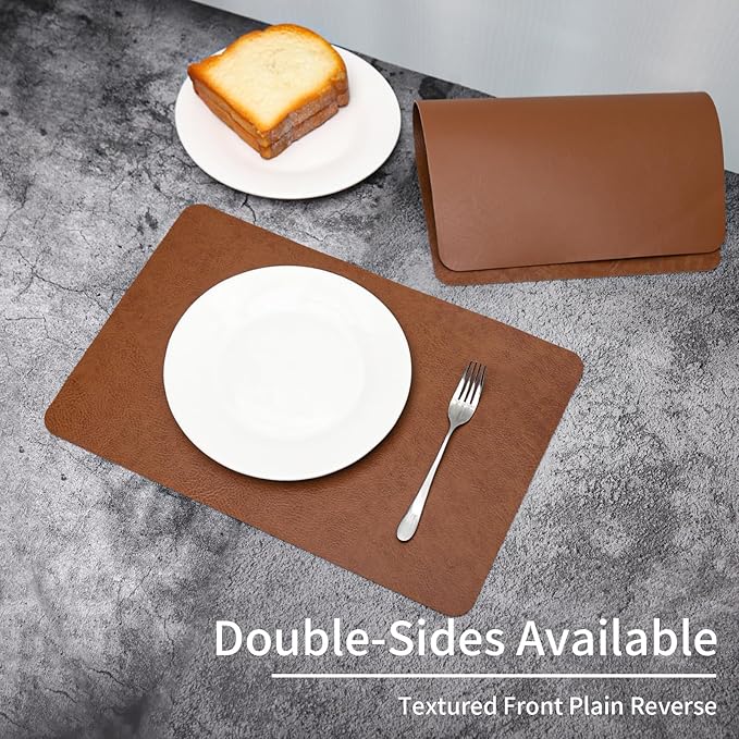 Cowhide Pattern Faux Leather Placemats Set of 4,Heat Resistant Non-Slip Waterproof Wipeable Washable Kitchen Dining PU Table Place Mats,Double-Sides Available,Dark Coffee