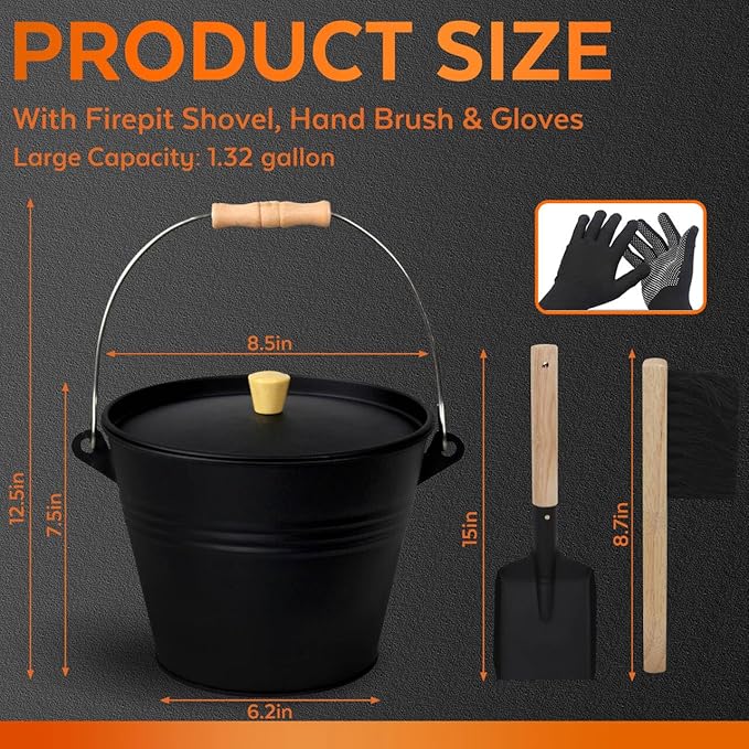 Small Ash Bucket with Lid and Shovel, Metal Fireplace Ash Bucket with Broom, Complete Fireplace Tools Set for Wood Stove and Fireplace, Black