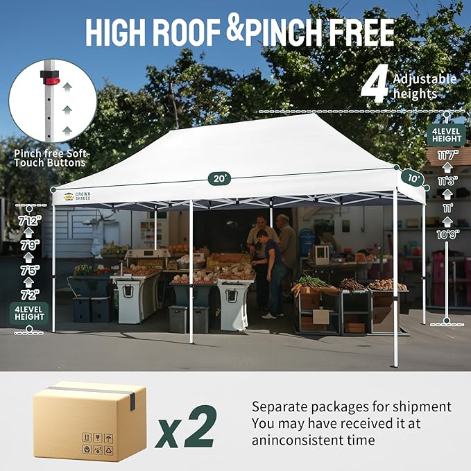 CROWN SHADES 10x20 Pop Up Canopy Tent - Commercial Canopy Tent with 400D Strength Oxford Fabric, Hexagonal Leg, 4 Upgraded Weights - Great for Trade Shows, Events, Parties & Commercial Use, White
