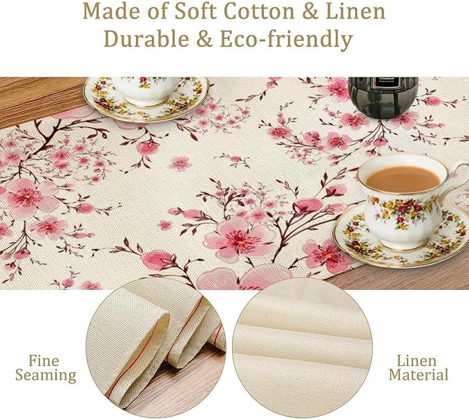 Cherry Flower Table Runner, Seasonal Spring Cherry Blossoms Branches Watercolor Floral Print Table Cover for Kitchen Dining Table Indoor Outdoor Party Decor, 13x120inch