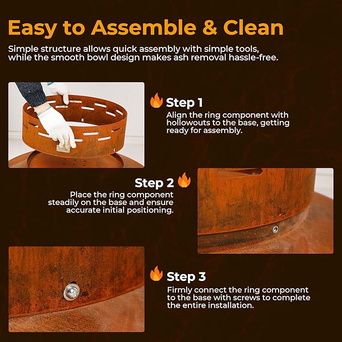KOL 35" Dia. Heavy-Duty Fire Pit - Pre-Rusted Corten Steel Round Firepit Large Fire Bowl with Stand - Weathering Steel Wood Burning Fireplaces for Outside Backyard Deck Party Bonfire