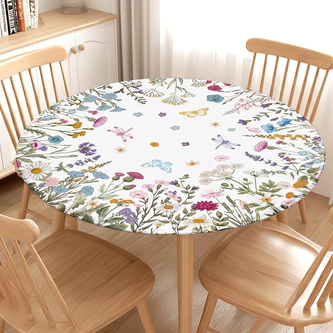 Spring Summer Floral Round Fitted Tablecloth with Elastic Wildflower Butterfly Circle Table Cloth for 40-44" Tables Wipeable Waterproof Farmhouse Easter Flowers Table Cover for Picnic Outdoor Dining