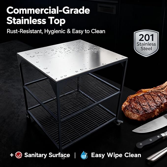 JIN BETTER GRILL PARTS Heavy-Duty Steel Frame Outdoor Kitchen Cart | Stainless Steel Tabletop & 4 Locking Wheels | 31.5" Versatile BBQ Workstation for Ninja, Blackstone, Pizza Ovens