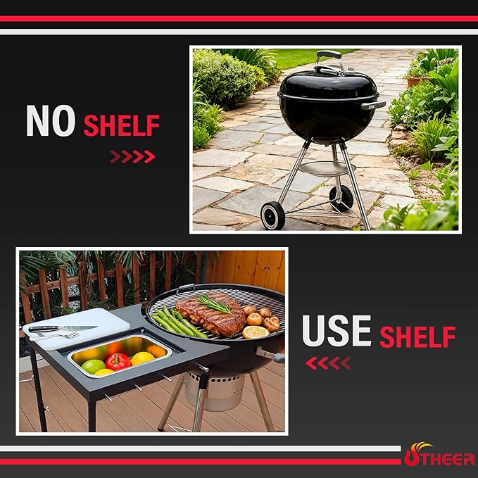 All-in-One Grill Table for Weber Kettle 22"/18"/26" & Smokey Mountain, Recteq Pellet Grill RT-B380, Prep Station with Cutting Board, Basin, 4 Hooks, Heavy-Duty Steel Side Shelf for Outdoor Cooking