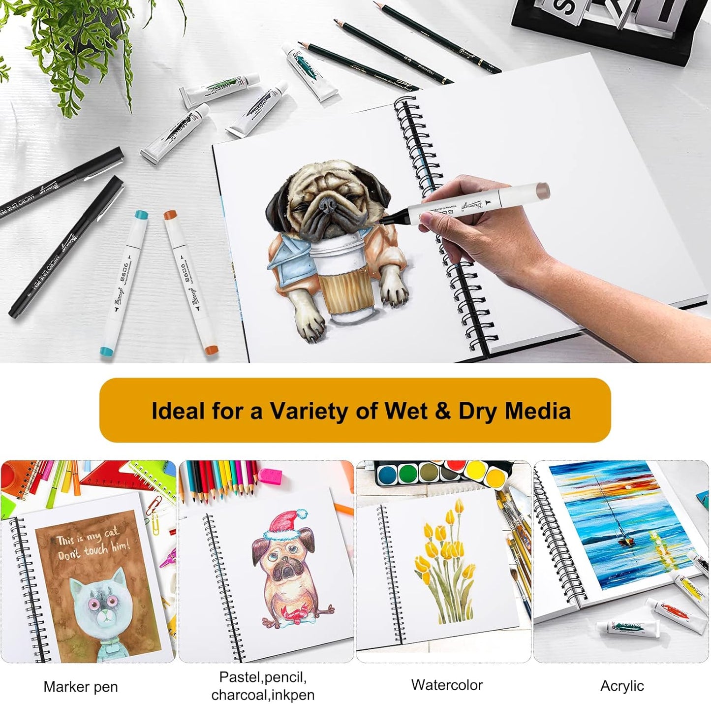 Bianyo Mixed Media Paper Sketchbook, A4 (8.26" X 11.69"), 60 Sheets/Each, 123 LB/200 GSM, Pack of 2 Pads, Spiral-Bound Pad, Ideal for Wet & Dry Media Like Marker, Watercolor, Acrylic, Pastel, Pencil