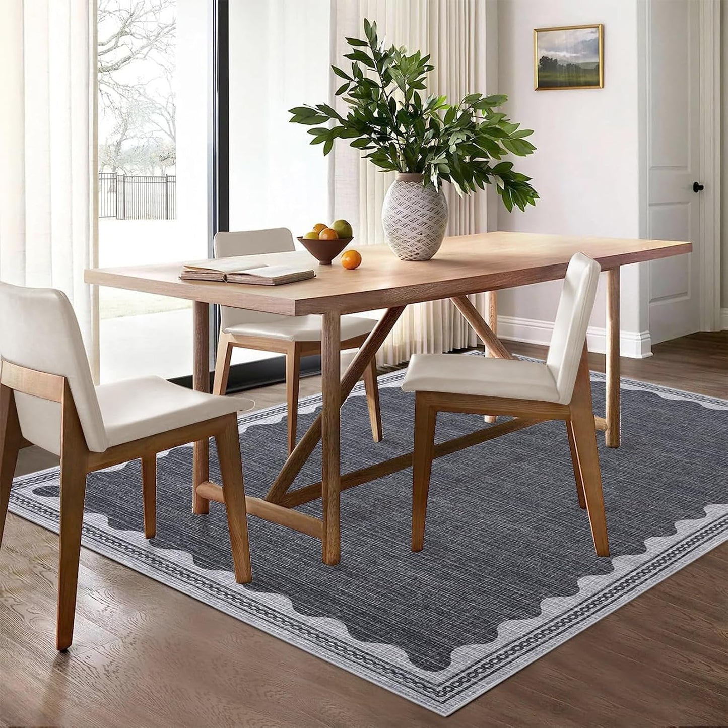 Scalloped Washable Rug 8x10 Area Rugs for Living Room, Solid Grey Rug for Bedroom Girls, Non Slip Throw Carpet with Rubber Back, Soft Dorm Nursery 8x10 Rugs for Dining Room