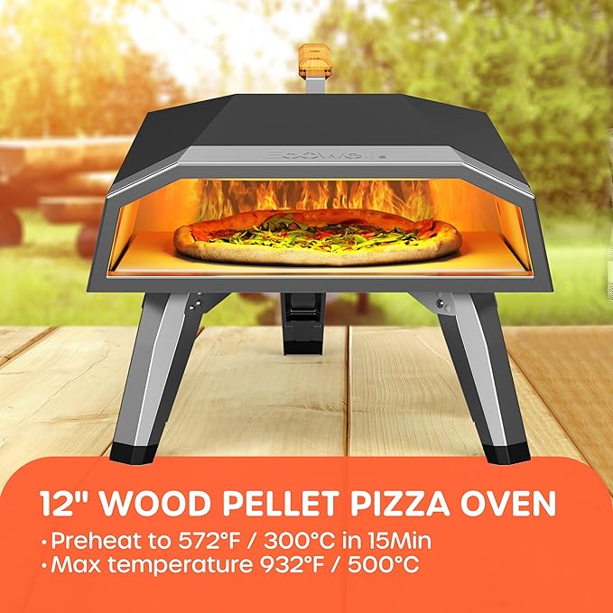 Outdoor Wood Pellet Pizza Oven – 12" Woodfire Pizza Stone Oven, Wood Fired Pizza Maker, Portable for Backyard Party, with Pizza Stone, Pizza Peel, Pizza Cutter, Infrared Thermometer