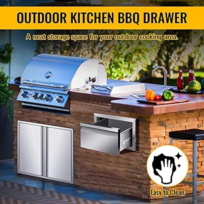 Outdoor Kitchen Drawers, Box Frame Style Flush Mount BBQ Drawer w/Stainless Steel Handle, BBQ Island Drawers For Patio Grill Station,Single Drawer