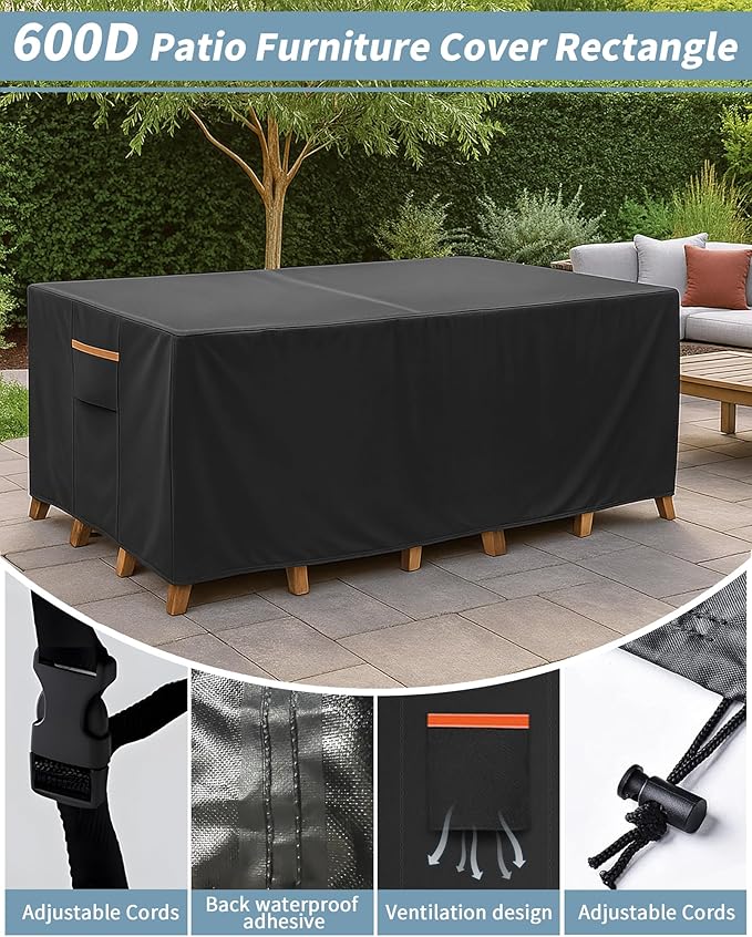 Outdoor Waterproof Furniture Cover, 111W x 74L x 28H inches Heavy Duty 600D Rectangular Table and Chair Set Protection, Black