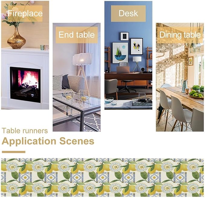 Tiles Lemon Table Runner, Watercolor Italian Tile Floral Plant Print Table Runner for Farmhouse Coffee Home Kitchen Dining Outdoor Party 13x120in