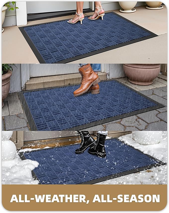 Color&Geometry Front Door Mat Outside Entrance, Heavy Duty Non Slip Low Profile Doormat for Entryway, Trap Dirt and Moisture Welcome Mats All-Weather, Easy Clean, Patio, Garage, 17"x30" Blue