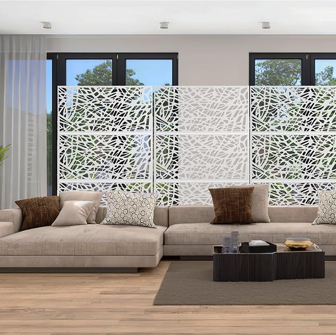 Elevens Free Decorative Privacy Screen with Stand, Outdoor Decor Privacy Fence Screen Metal Fence Panels, Outdoor Divider for Garden Patio Backyard, White-Web (A-GE04004)