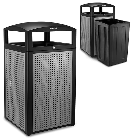 Alpine Industries 40 Gallon Commercial Outdoor Trash Can, Metal with Removable Bin & Locking Lid (Black & Grey)