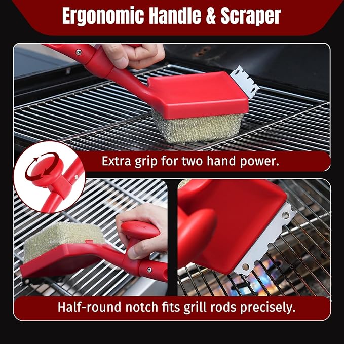 SHINESTAR Steam Grill Brush Bristle Free - Replaceable Cleaning Head with Unique Seamless-Fit Scraper, Durable Safe BBQ Cleaner for Cast Iron, Stainless-Steel & Various Grill Grate Types-Red