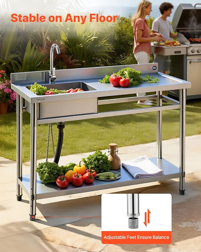 VEVOR Stainless Steel Utility Sink, Free Standing Single Bowl Commercial Kitchen Sink with Faucet, Utility Right Basin Workbench with Hot & Cold Water Pipe for Garage Restaurant Laundry, 47x19.7x37 in
