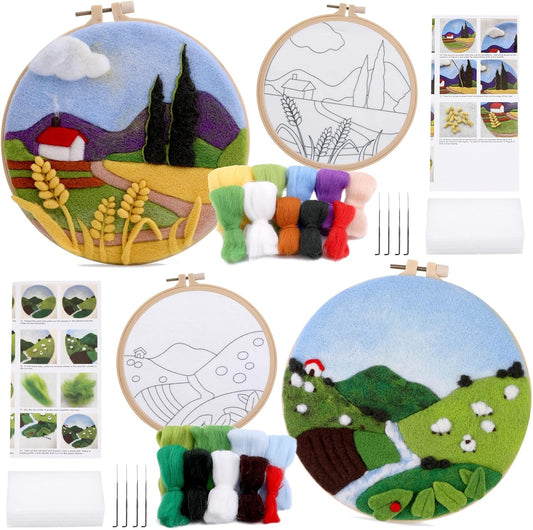 Needle Felting Kits Beginners, DIY Wool Needle Felting Starter Kit, Needle Felt Set with Picture Frame, Foam Pad, Felt Cloth and Instructions, Used for Home Decoration, Beginner, Art Craft(2 Sets)